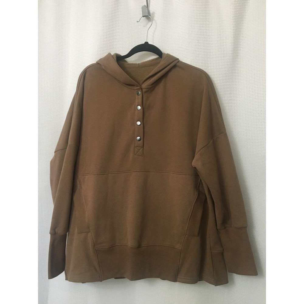 Fleece Lined Hoodie Size Large Taupe Brown 1/4 Snap Pockets Warm Soft